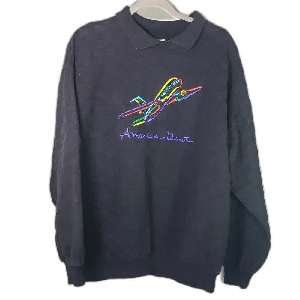 Men's 80s Vintage Retro Black America West Airlines Polo Sweatshirt